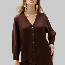 Load image into Gallery viewer, Joseph Ribkoff Crushed Satin Boxy Top With Dolman Sleeves-Mahogany