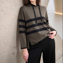 Load image into Gallery viewer, Joseph Ribkoff Sweater Knit Striped Hooded Sweater-Avocado/Black