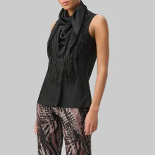 Load image into Gallery viewer, Joseph Ribkoff Fringed Recycled Satin Scarf Top-Black
