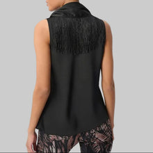 Load image into Gallery viewer, Joseph Ribkoff Fringed Recycled Satin Scarf Top-Black
