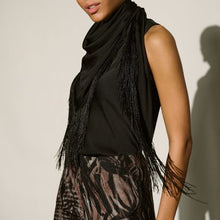 Load image into Gallery viewer, Joseph Ribkoff Fringed Recycled Satin Scarf Top-Black