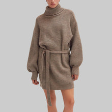 Load image into Gallery viewer, Crescent Audrina Turtleneck Sweater Dress with Tie Waist-Taupe