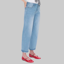 Load image into Gallery viewer, Bayeas Mid Rise Rolled Leg Barrel Jean-Light Blue