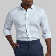 Load image into Gallery viewer, David Donahue Linen Sport Shirt- Blue/Tan Stripe