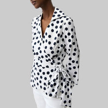 Load image into Gallery viewer, Joseph Ribkoff Stretch Cotton Dot Print Wrap Top-Vanilla/Midnight Blue
