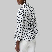Load image into Gallery viewer, Joseph Ribkoff Stretch Cotton Dot Print Wrap Top-Vanilla/Midnight Blue