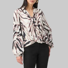 Load image into Gallery viewer, Joseph Ribkoff Recycled Satin Animal Print Draped Top-Beige/Multi

