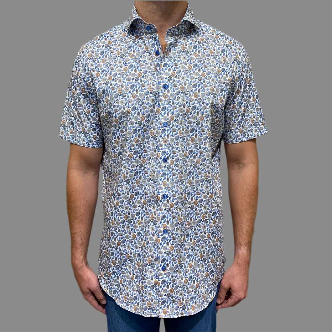 Emanuel Berg Printed Stretch Poplin Short Sleeve Shirt-Blue