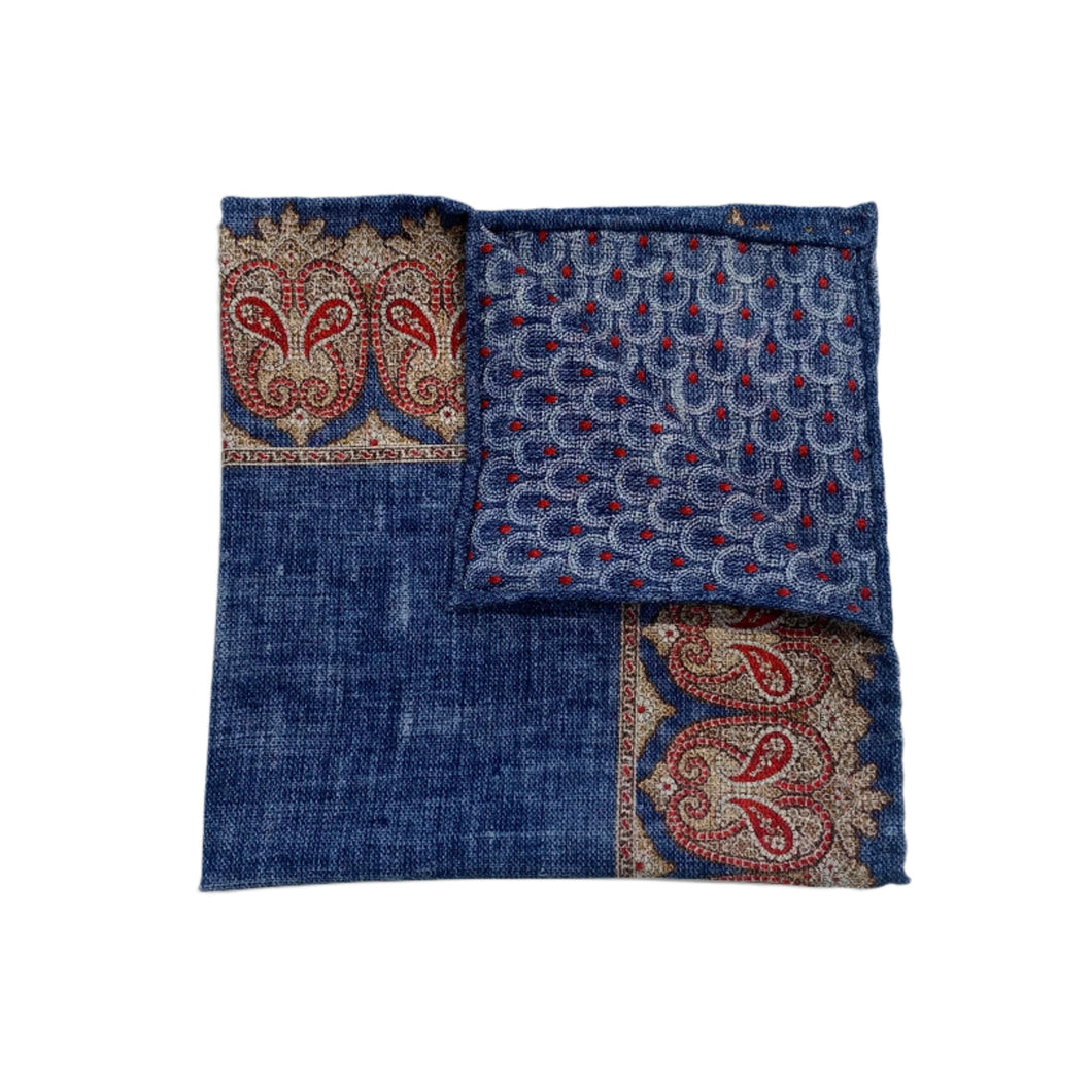 Edward Armah Reversible Pocket Square-Persian Border/Feather Print-Denim/Red
