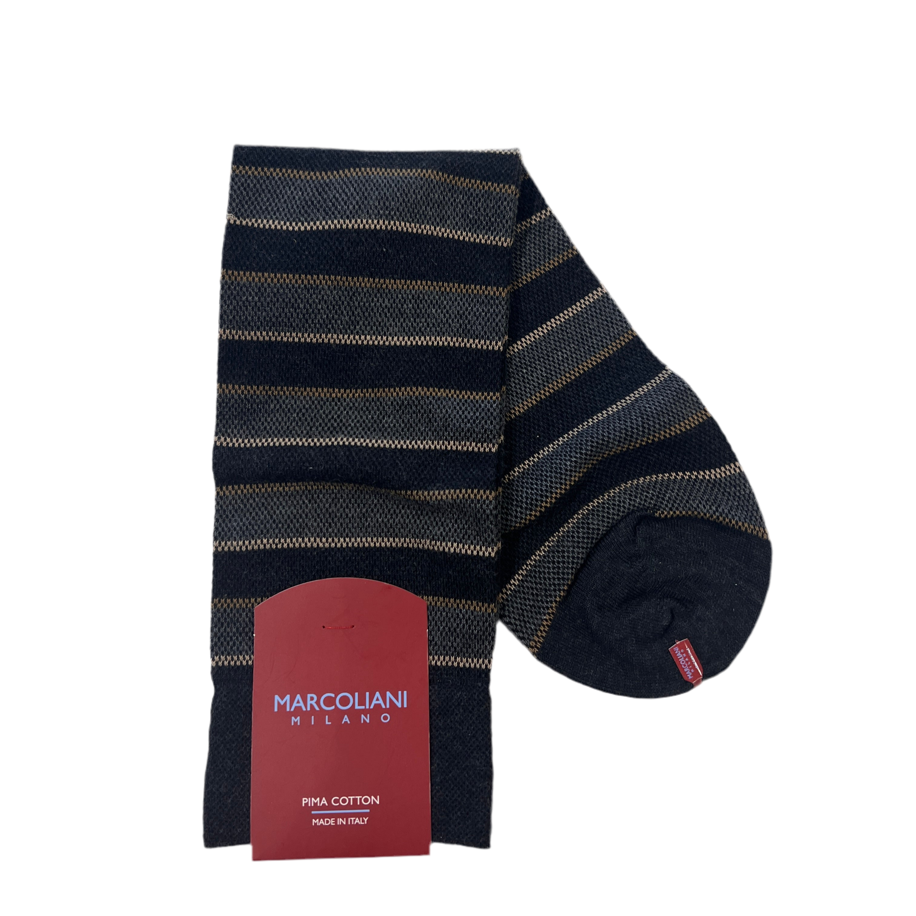 Marcoliani Mid-Calf Dress Sock-Club Stripe-Brown/Charcoal