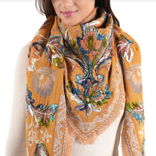 Load image into Gallery viewer, Vismaya Floral Embroidered Triangle Scarf- Mustard
