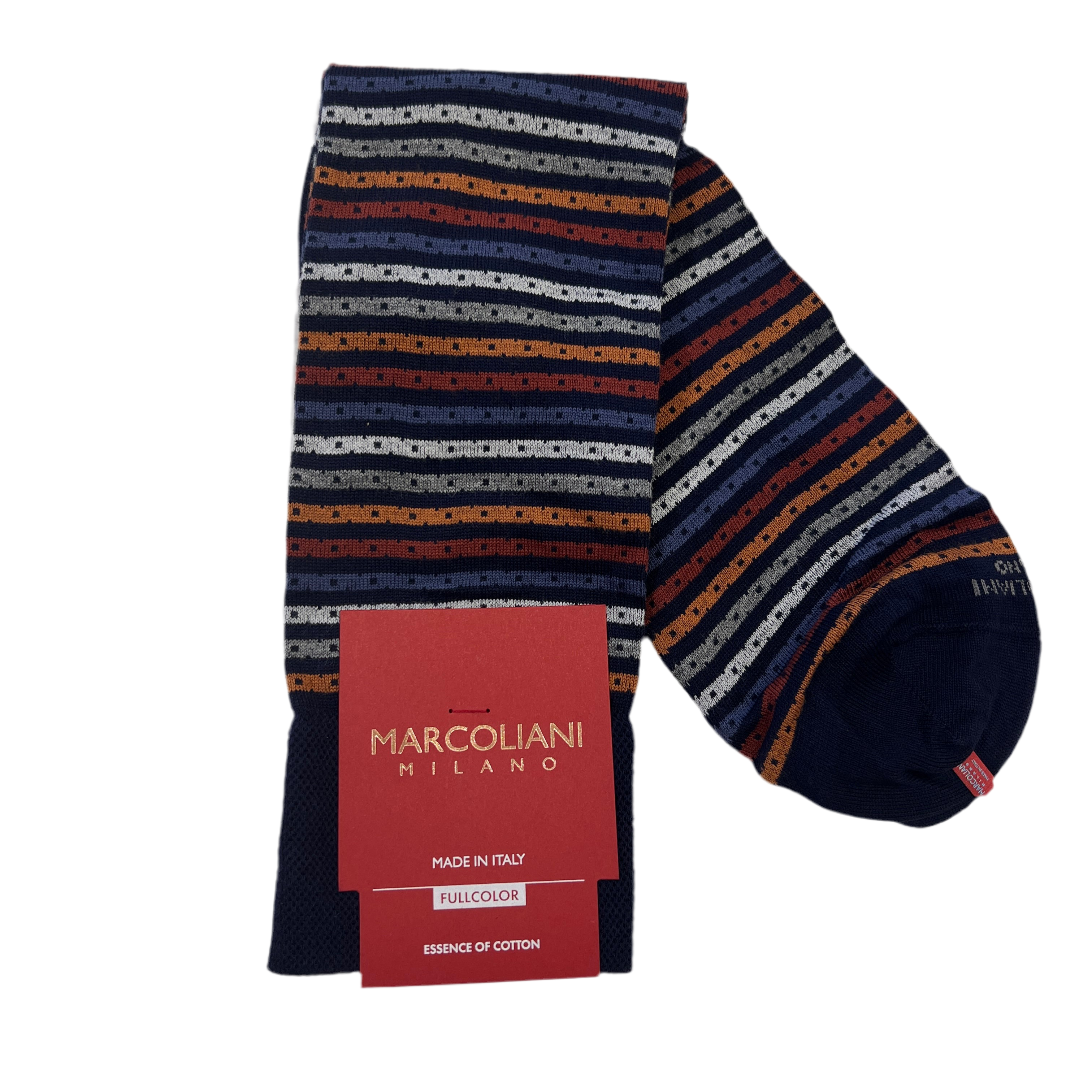 Marcoliani Mid-Calf Fullcolor Dress Sock-Stripes and Pin-Denim Orange