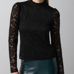 Joseph Ribkoff Black Puff Sleeve Lace Fitted Top