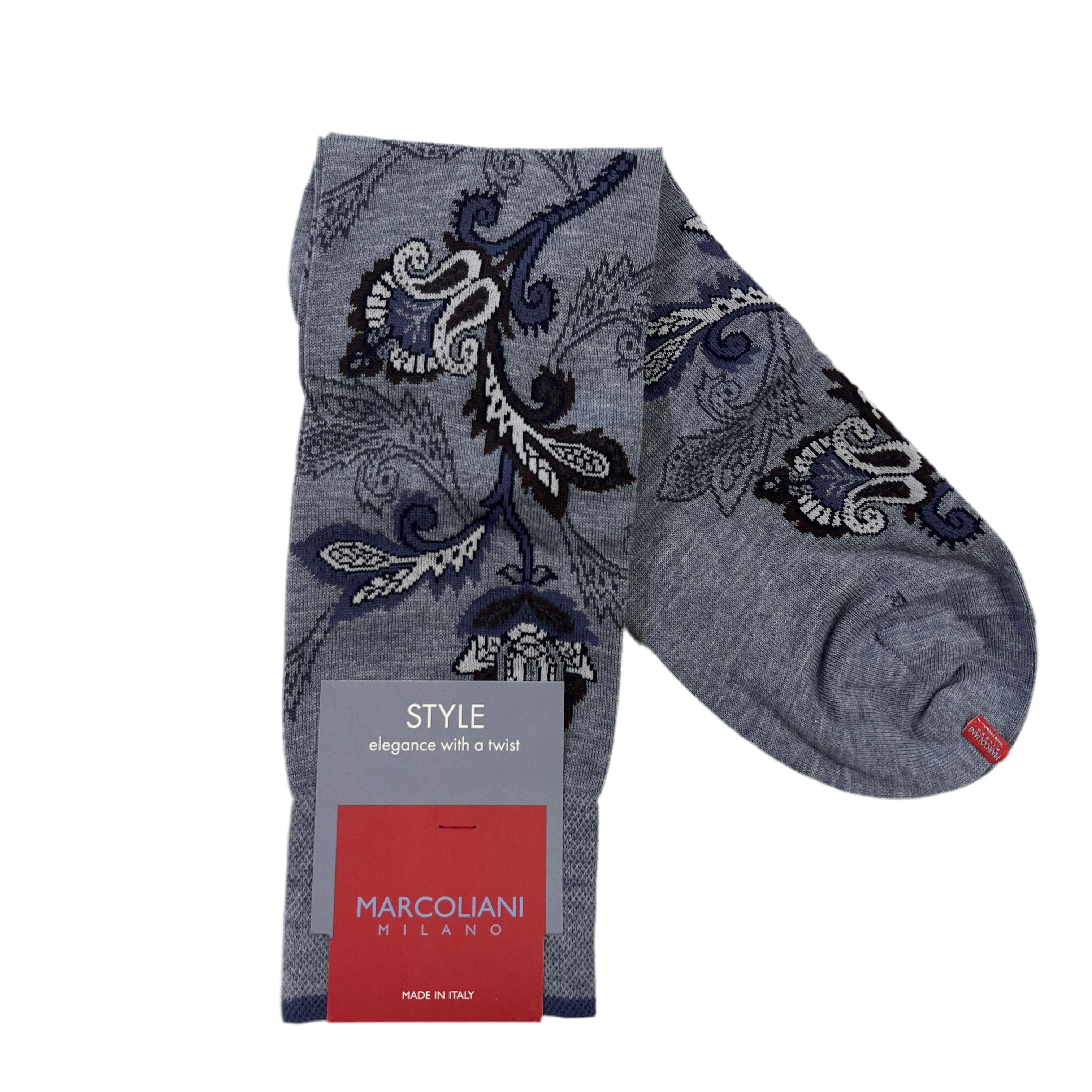 Marcoliani Mid-Calf Style Dress Sock-Moghul Flower-Light Blue Denim/Brown