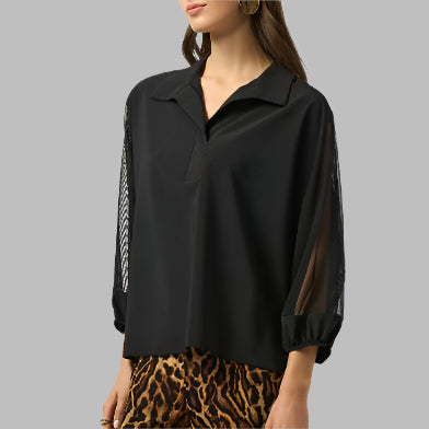 Joseph Ribkoff Stretch Poplin & Mesh Boxy Top-Black