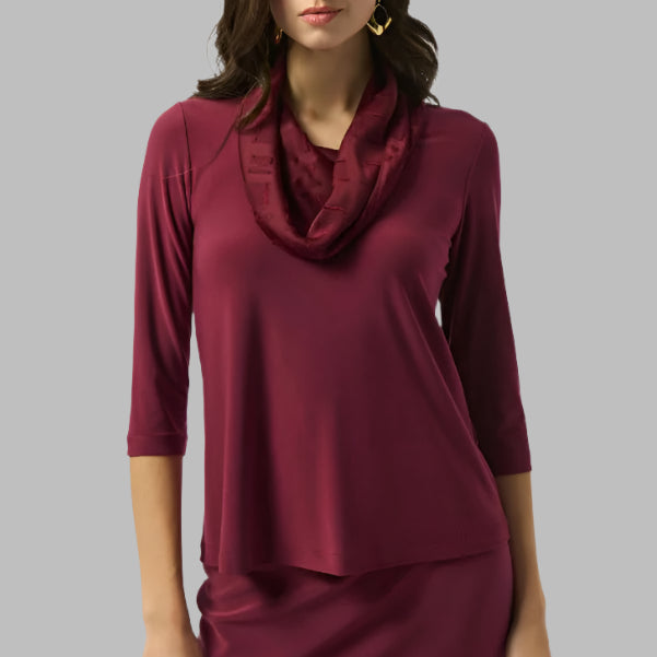 Joseph Ribkoff Silky Knit & Satin Burnout Fitted Top-Merlot