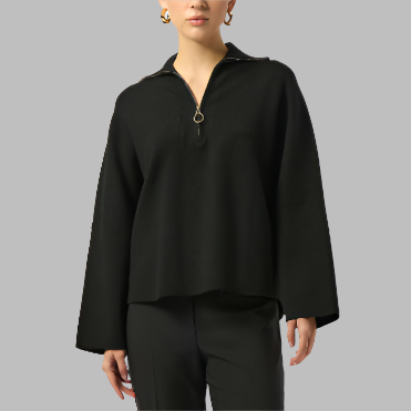 Joseph Ribkoff Sweater Knit Boxy Pullover With Zipped Collar-Black