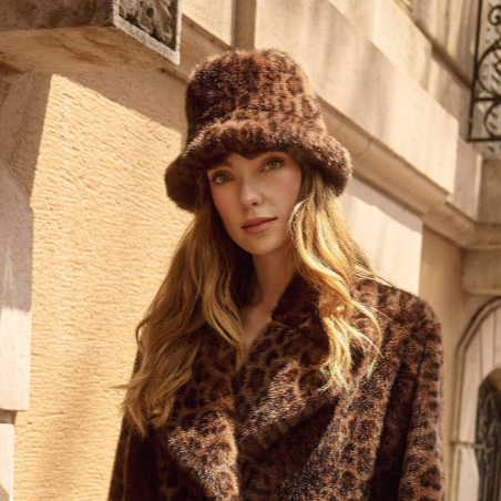 Joseph Ribkoff Faux Fur Leopard Print Bucket Hat-Beige/Black
