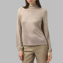 Load image into Gallery viewer, Joseph Ribkoff Foiled Knit Mock Neck Fitted Top-Beige/Gold
