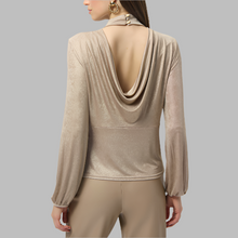 Load image into Gallery viewer, Joseph Ribkoff Foiled Knit Mock Neck Fitted Top-Beige/Gold
