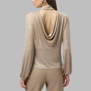 Joseph Ribkoff Foiled Knit Mock Neck Fitted Top-Beige/Gold