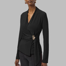 Load image into Gallery viewer, Joseph Ribkoff Silky Knit and Satin Fitted Wrap Top-Black
