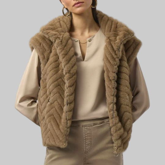 Joseph Ribkoff Chevron Faux Fur Mock Neck Vest-Mink