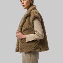 Load image into Gallery viewer, Joseph Ribkoff Chevron Faux Fur Mock Neck Vest-Mink

