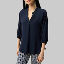 Load image into Gallery viewer, Joseph Ribkoff Woven Twill Boxy Top With Mandarin Collar-Midnight Blue

