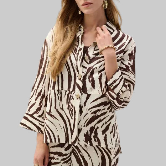 Joseph Ribkoff Linen Blend Animal Print A-Line Blouse-Beige/Brown