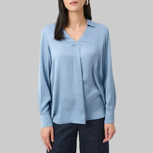 Joseph Ribkoff Recycled Satin Shirt-Collar Tunic-Chambray