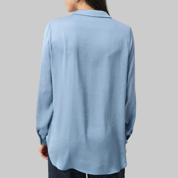 Joseph Ribkoff Recycled Satin Shirt-Collar Tunic-Chambray