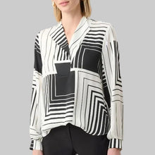Load image into Gallery viewer, Joseph Ribkoff Recycled Satin Geometric Print Boxy Top-Off-White/Black
