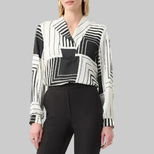 Load image into Gallery viewer, Joseph Ribkoff Recycled Satin Geometric Print Boxy Top-Off-White/Black
