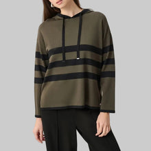 Load image into Gallery viewer, Joseph Ribkoff Sweater Knit Striped Hooded Sweater-Avocado/Black
