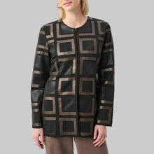 Load image into Gallery viewer, Joseph Ribkoff Leatherette and Scuba Collarless Two-Tone Jacket-Black/Multi
