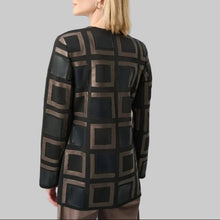 Load image into Gallery viewer, Joseph Ribkoff Leatherette and Scuba Collarless Two-Tone Jacket-Black/Multi
