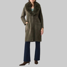 Load image into Gallery viewer, Joseph Ribkoff Feather Yarn Knit Coat With Detachable Faux Fur Collar-Avocado
