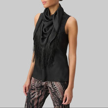 Load image into Gallery viewer, Joseph Ribkoff Fringed Recycled Satin Scarf Top-Black
