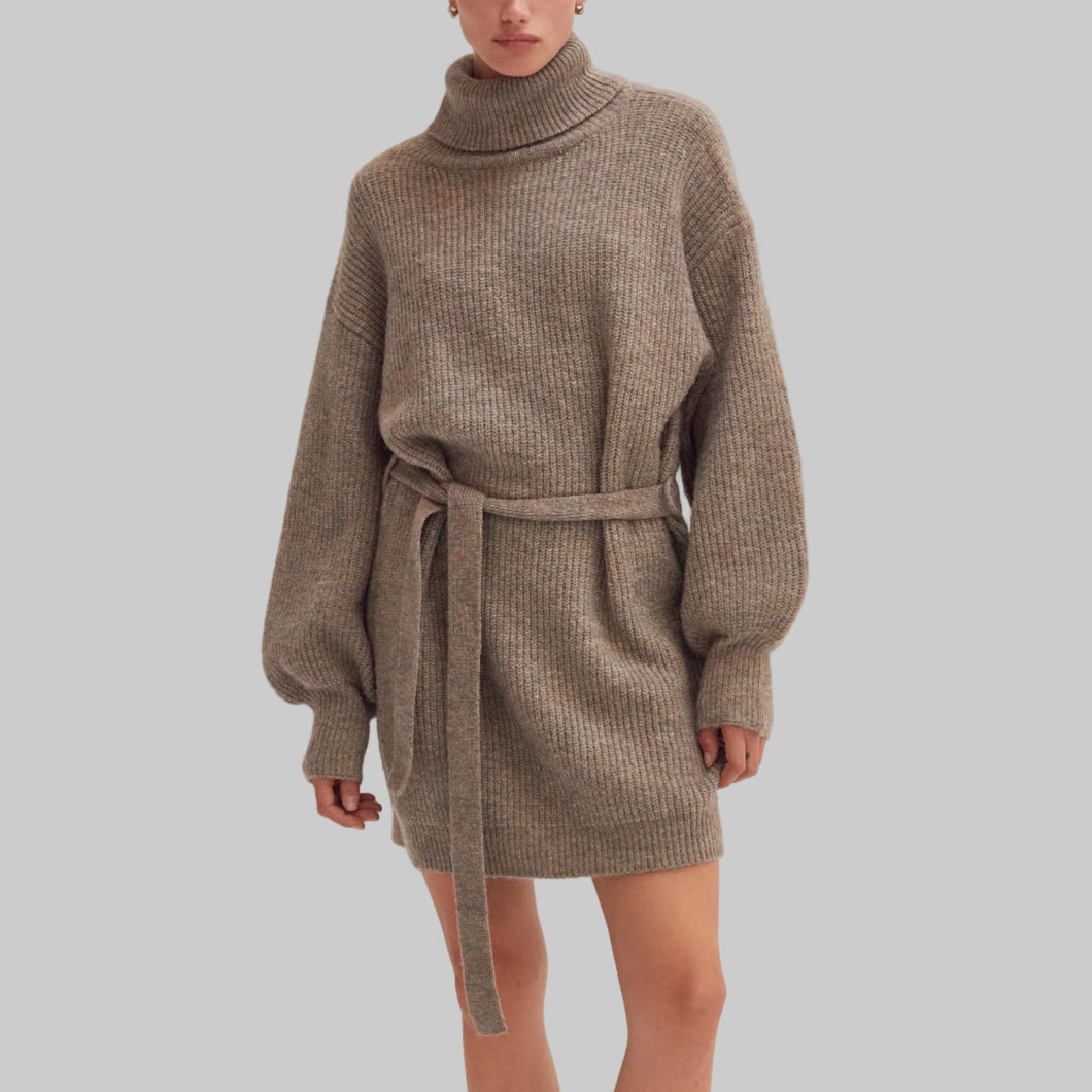 Crescent Audrina Turtleneck Sweater Dress with Tie Waist-Taupe