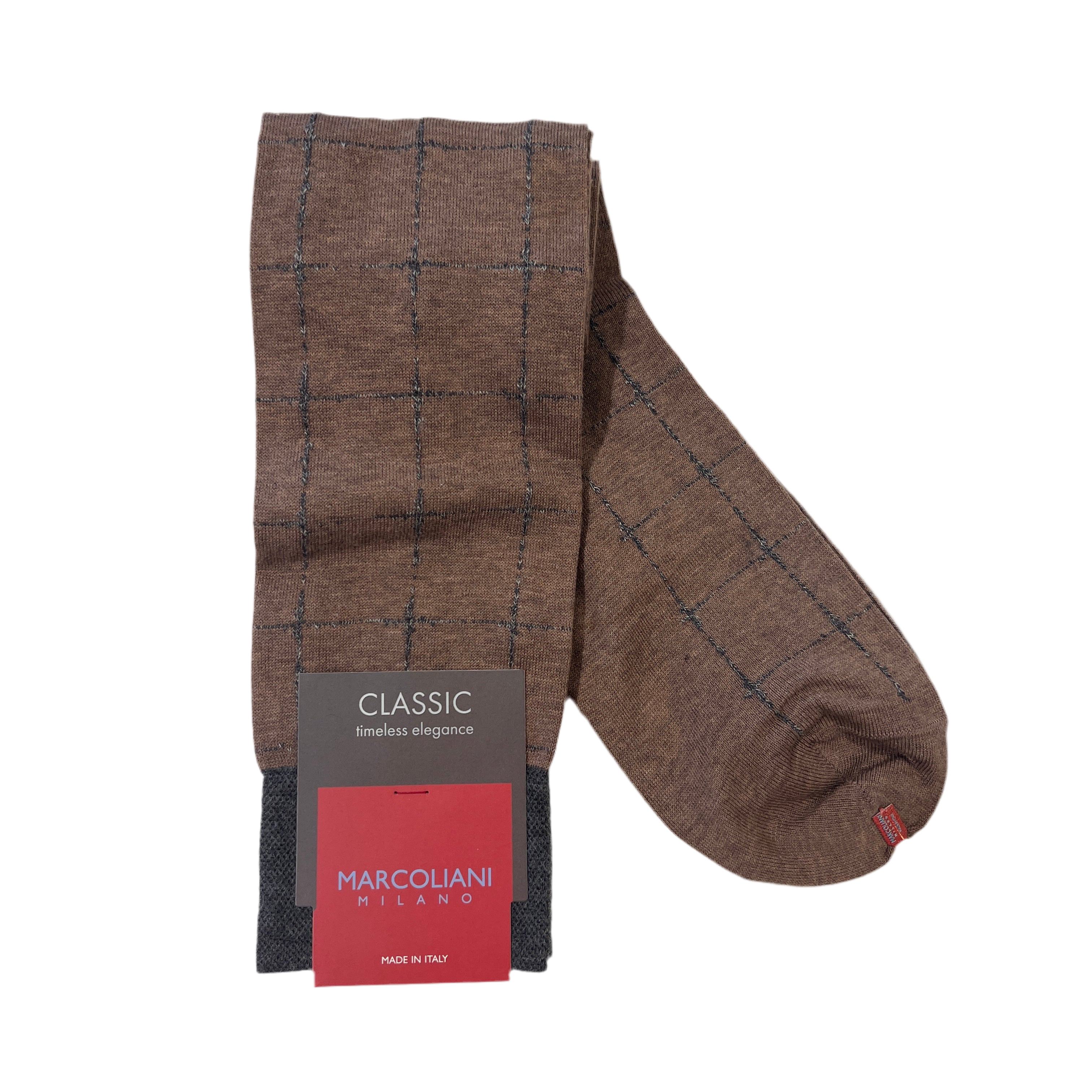 Marcoliani Over The Calf Classic Dress Sock-Windowpane-Cappucino