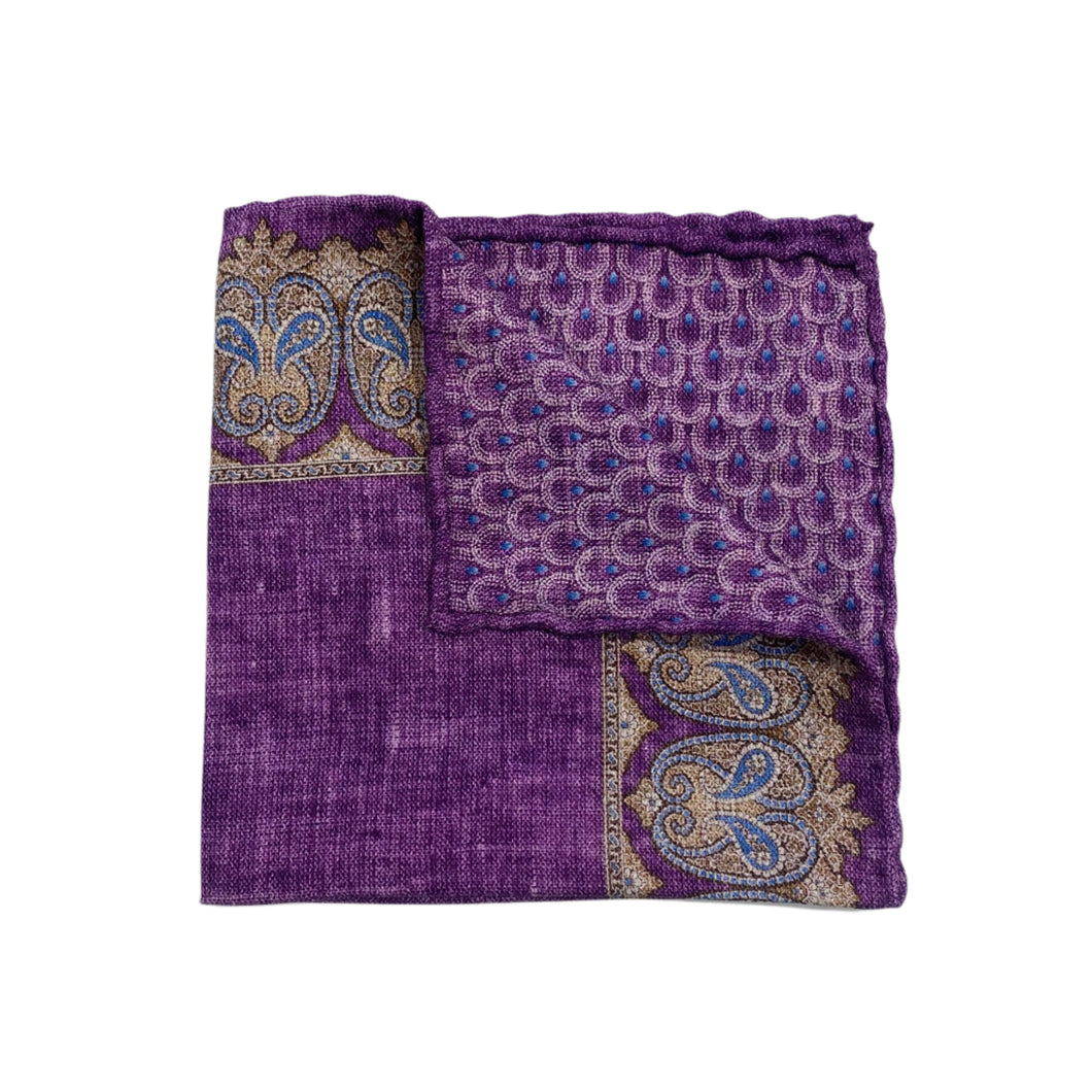 Edward Armah Reversible Pocket Square-Persian Border/Feather Print-Purple/Light Brown