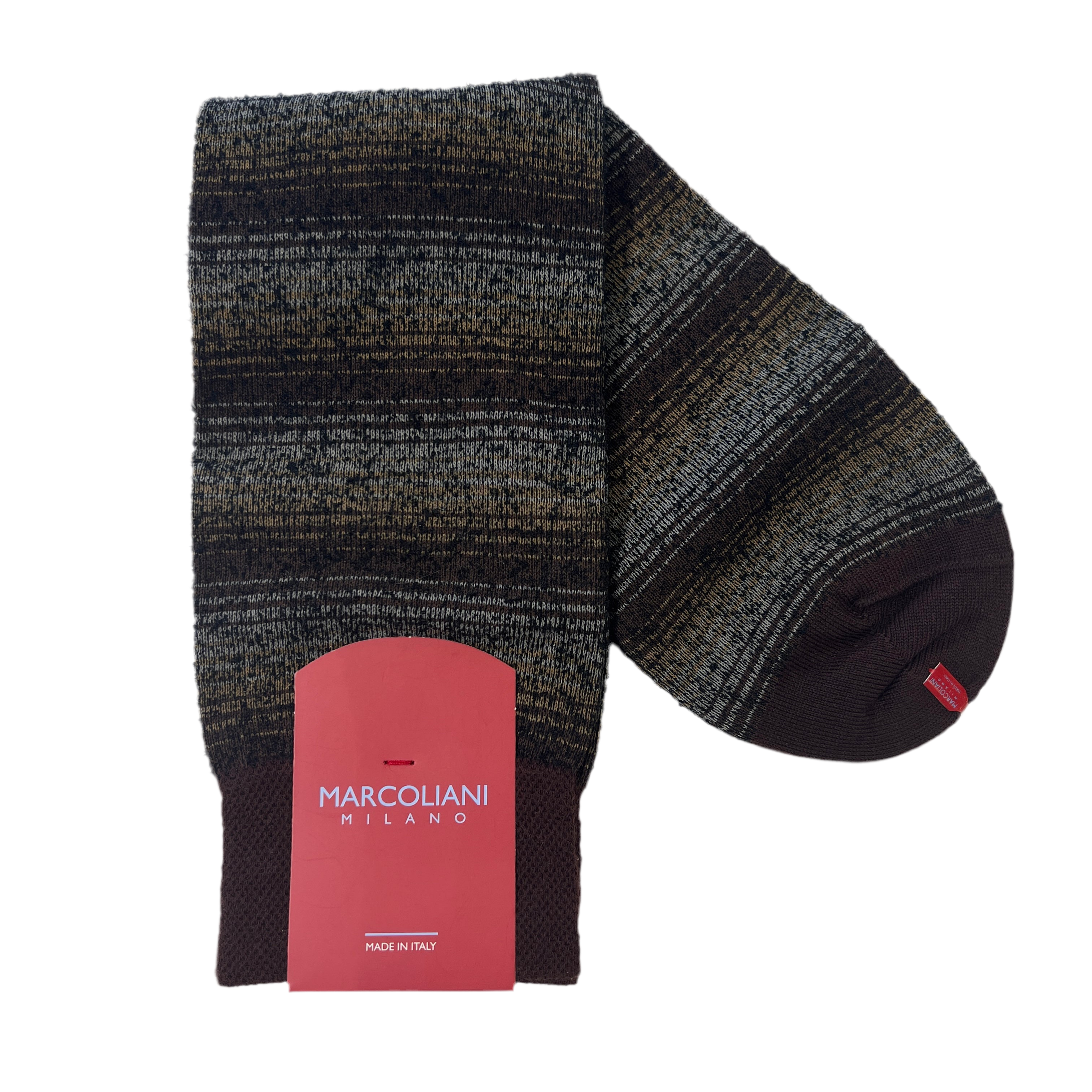 Marcoliani Mid-Calf Dress Sock-Shaded Stripes-Brown
