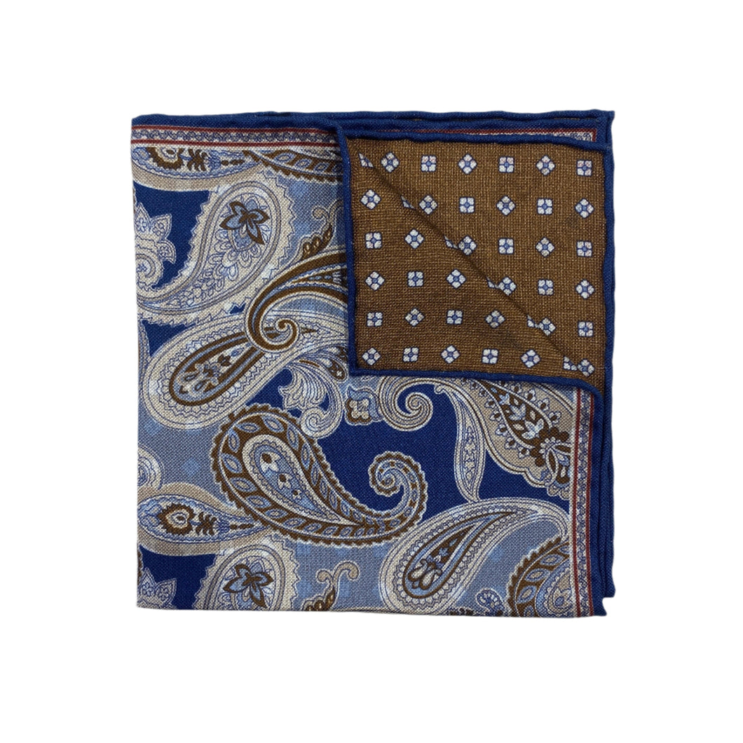Geoff Nicholson Reversible Pocket Square-Fancy Paisley-Blue Mix/Brown