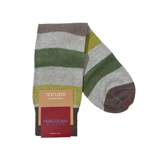 Marcoliani Mid-Calf Textured Dress Sock-Cruise Stripe-Neon Olive Beige