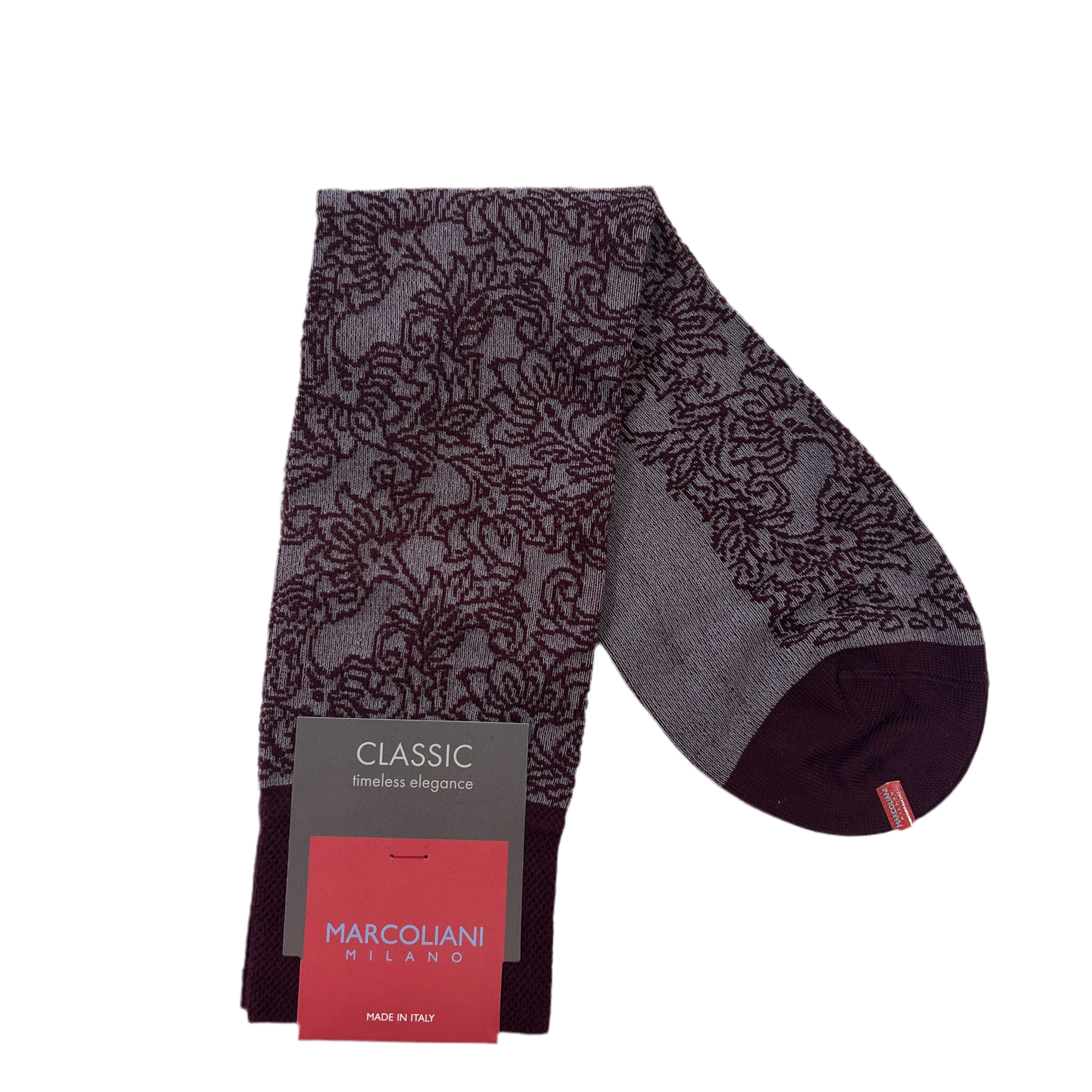 Marcoliani Mid-Calf Classic Dress Sock-Flower Damask-Grey Bordeaux