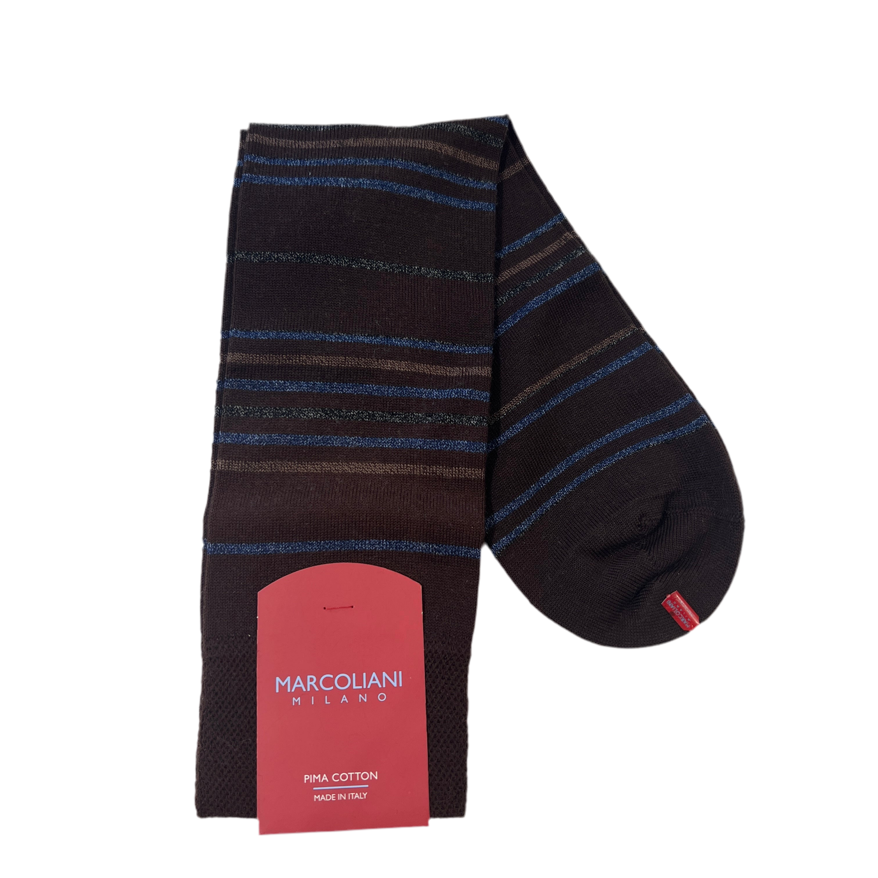 Marcoliani Mid-Calf Dress Sock-Multistripe-Brown