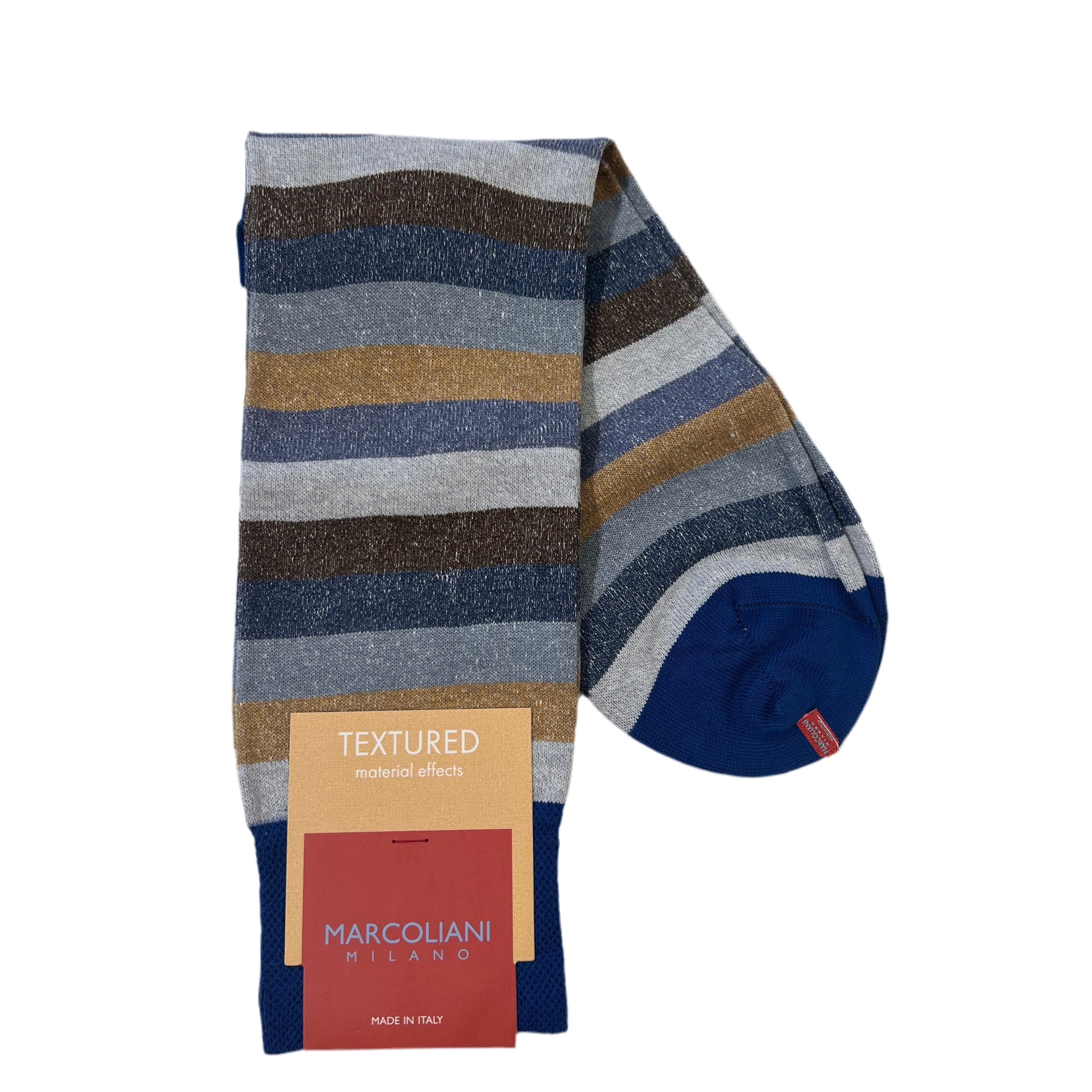 Marcoliani Mid-Calf Textured Dress Sock-Tonal Stripe-Blue Beige