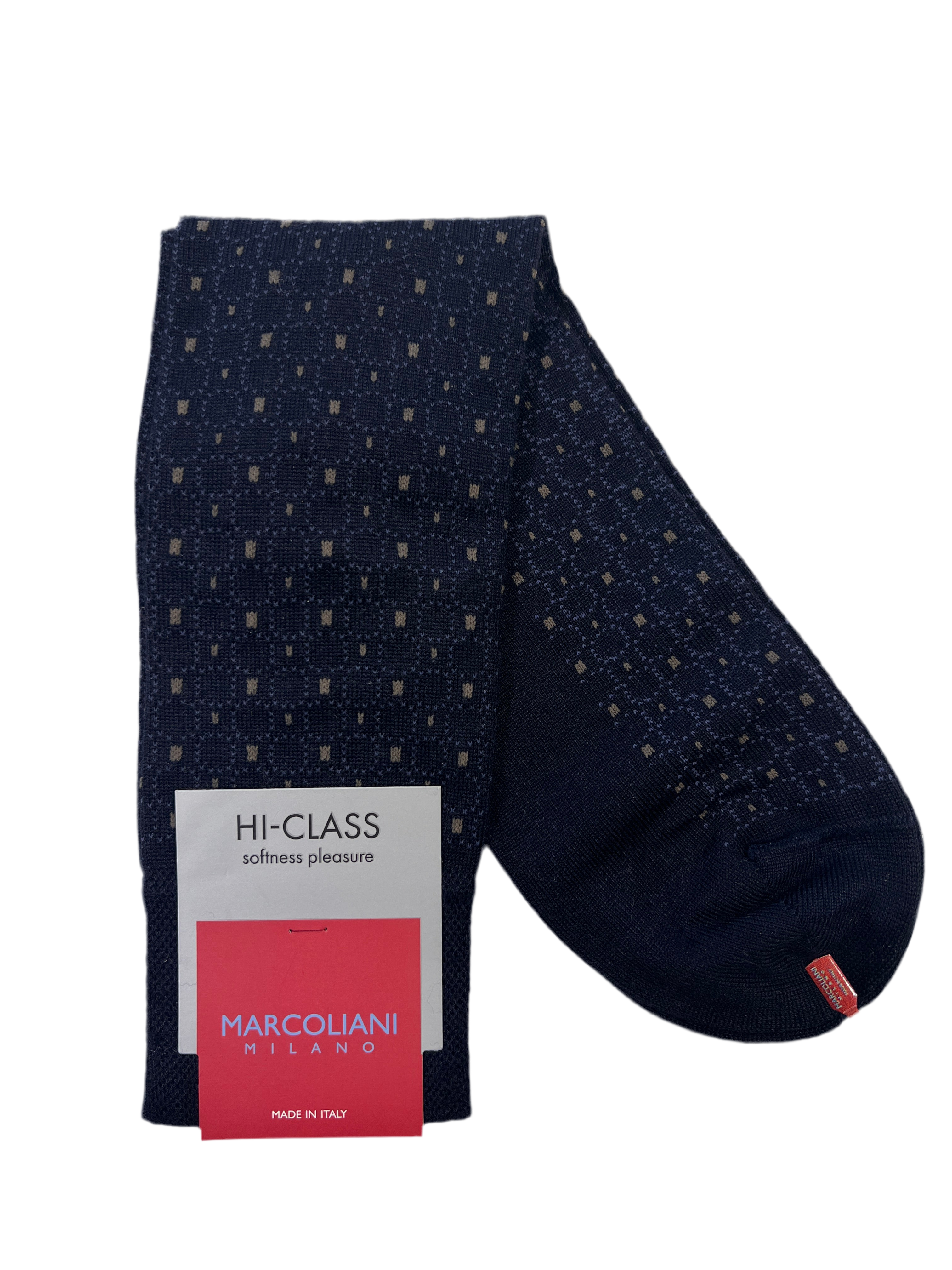 Marcoliani Mid-Calf Hi-Class Dress Sock-Tailor Dots-Navy