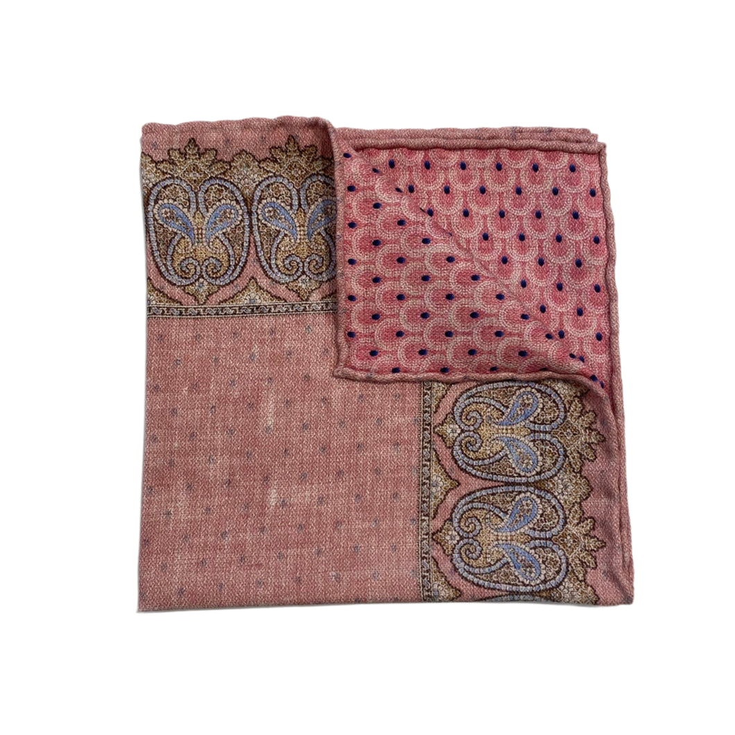 Edward Armah Reversible Pocket Square-Persian Border/Feather Print-Pink/Light Brown